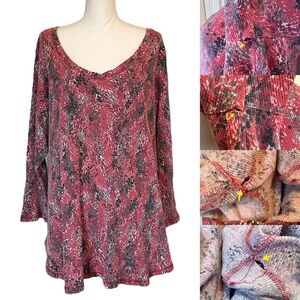 Red V-neck Long Sleeve Floral Print Stretch Tunic Top Women’s 1X
